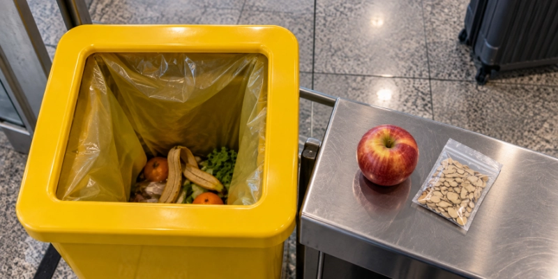 Apple and seed packet placed into a yellow biosecurity bin at an airport
