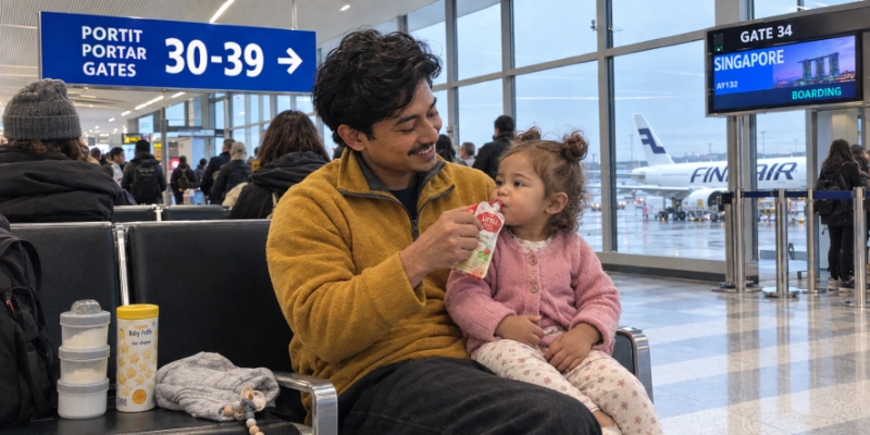 Father feeding a toddler from a puree pouch at a gate in Helsinki Airport, with a stackable formula dispenser and a canister of baby puffs on the seat