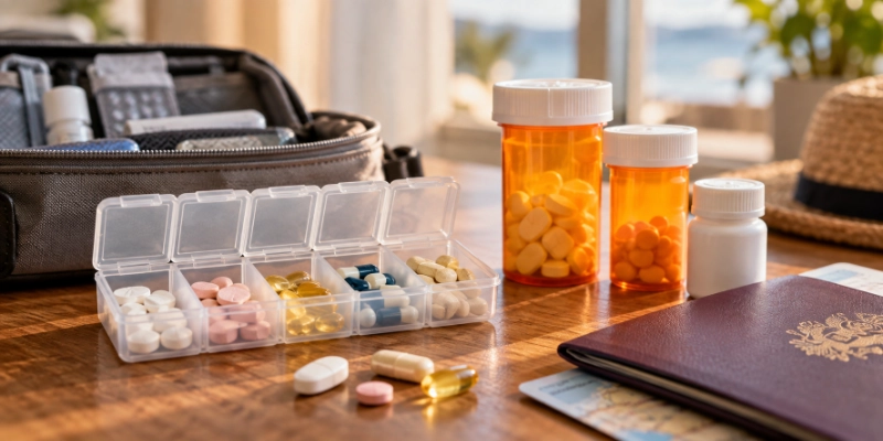 Pill organizer, prescription bottles and a passport packed for travel