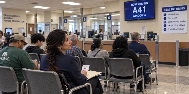 Woman holding a folder and a ticket stub in a driver license office waiting room, looking up at a Now Serving screen and a poster that lists the documents needed for a REAL ID