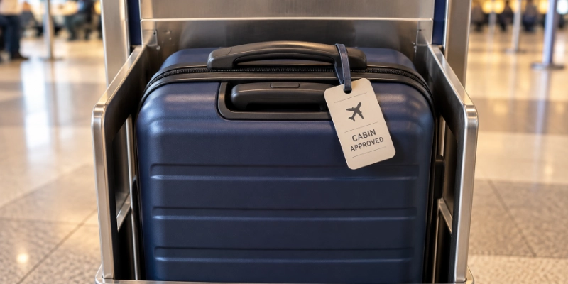 Rolling carry-on suitcase inside an airport bag sizer frame