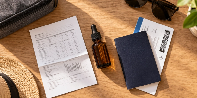 CBD oil bottle and lab certificate packed beside a passport