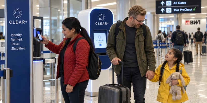 Two parents and a young daughter walking together through a CLEAR+ lane at Baltimore airport while the mother scans her phone boarding pass