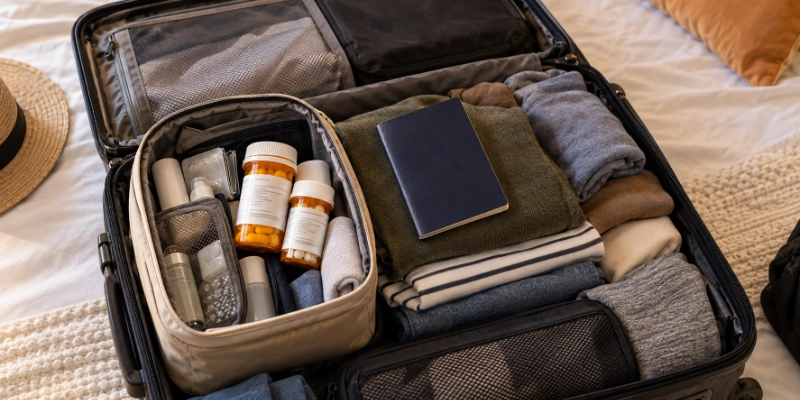 Labelled prescription pill bottles beside a doctor's letter and a passport