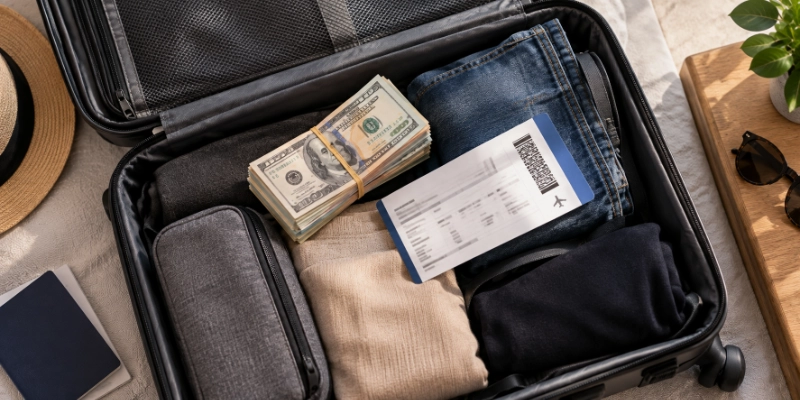 Suitcase with banded cash and a boarding pass at airport check-in