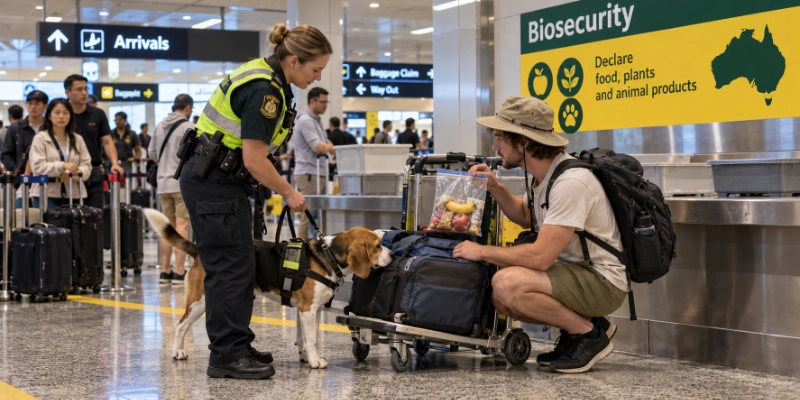 Biosecurity officer with a detector dog checking a traveller's luggage trolley at an Australian airport