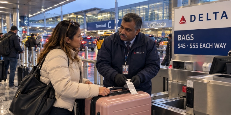 Colombian-American woman handing a pink suitcase to a Delta curbside agent at LaGuardia Terminal C under a sign showing bags $45 and $55 each way
