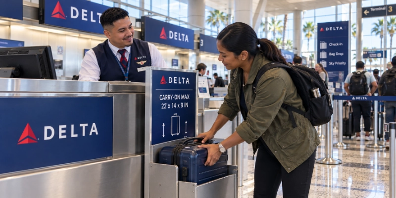Fijian-Indian woman pushing a navy roller bag into the bag sizer frame at the Delta check-in in Los Angeles Terminal 3 under a sign showing the 22 x 14 x 9 inch limit