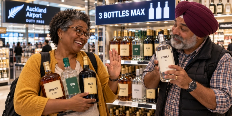 Woman holding three different spirit bottles in the duty-free shop at Auckland Airport