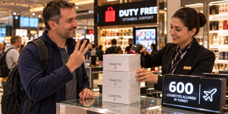 Cartons of cigarettes on a duty-free shop shelf in an airport
