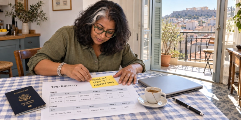 Woman at a kitchen table in an Athens apartment sticking a handwritten note that says ETIAS not open yet, passport only onto a printed trip itinerary beside a U.S. passport