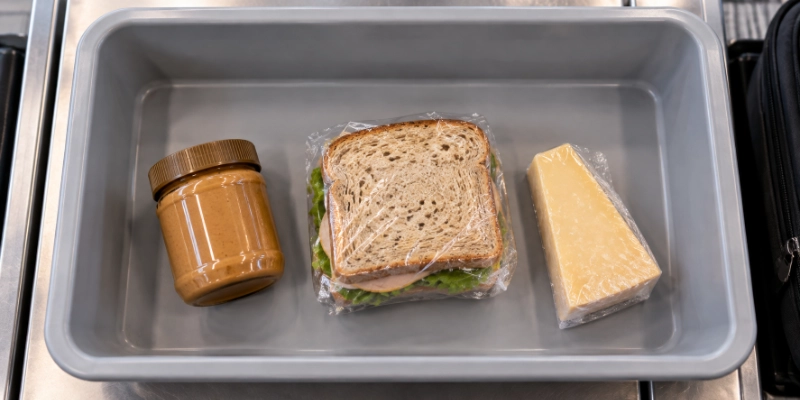 Jar of peanut butter and a wrapped sandwich in an airport security tray