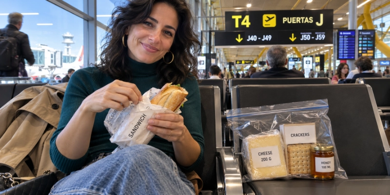 Traveller unwrapping a baguette sandwich at a gate in Madrid-Barajas airport beside a clear bag holding a block of cheese, crackers and a small 100 ml honey jar