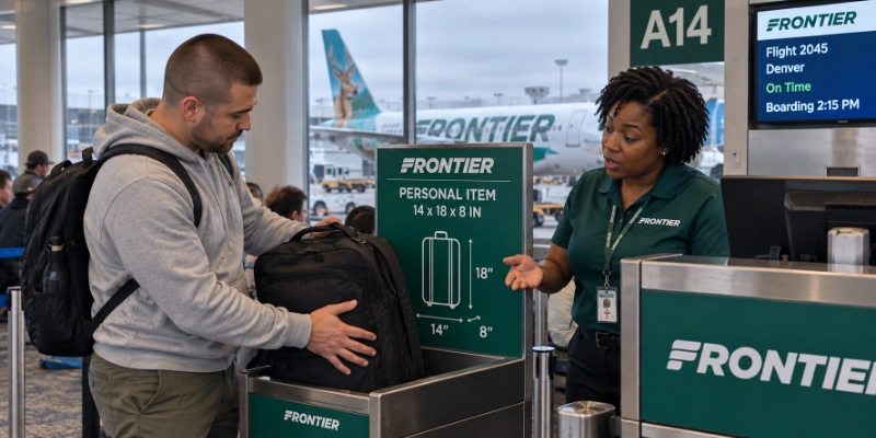 Man holding a bulging backpack against the personal item size sign at the Frontier gate in Cleveland while the agent looks at it