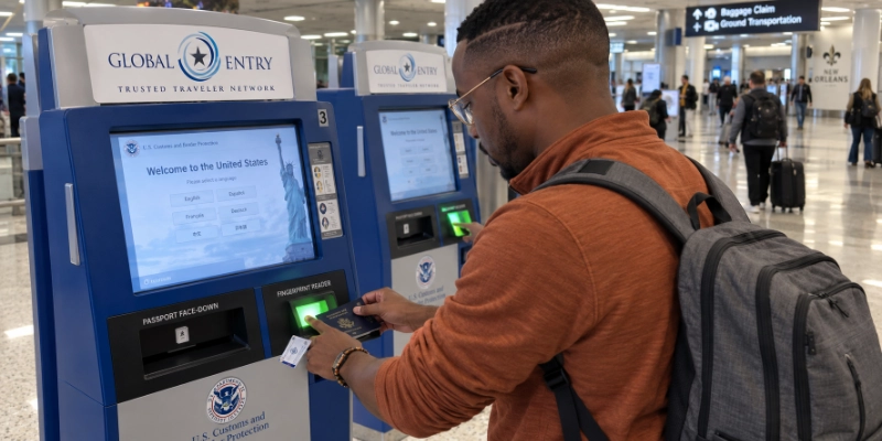 Man in an orange quarter-zip at a Global Entry kiosk at New Orleans airport with his passport face-down in the slot and his hand on the green fingerprint reader