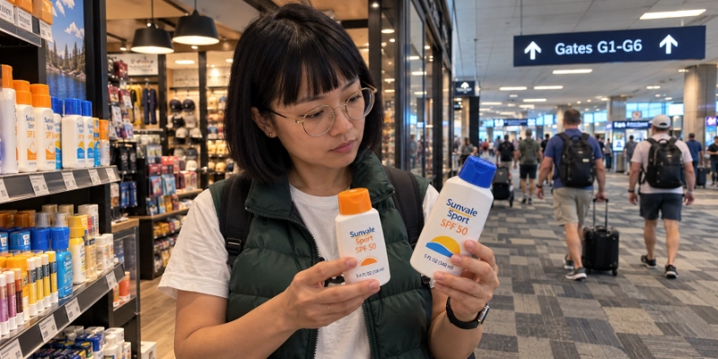 Woman at a shop in Minneapolis-Saint Paul Terminal 1 reading the size on a 3.4 fl oz sunscreen bottle held next to a bigger 5 fl oz bottle