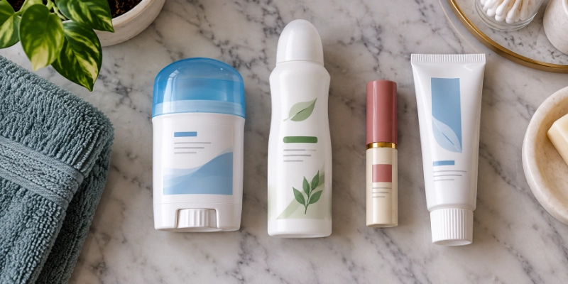 Gel deodorant, stick deodorant, mascara and toothpaste on a bathroom shelf
