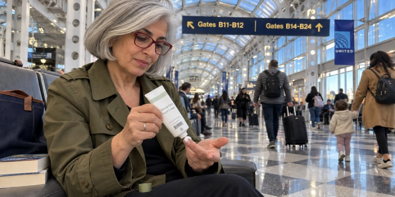 Woman on a bench in Chicago O'Hare Terminal 1 squeezing hand cream from an open tube onto her fingertip under the arched skylight and the B gates sign
