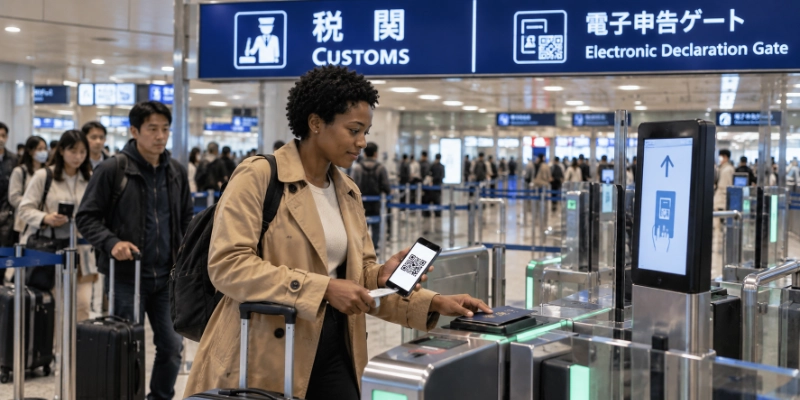 Traveller holding a phone with a QR code up to an electronic customs declaration gate at a Japanese airport
