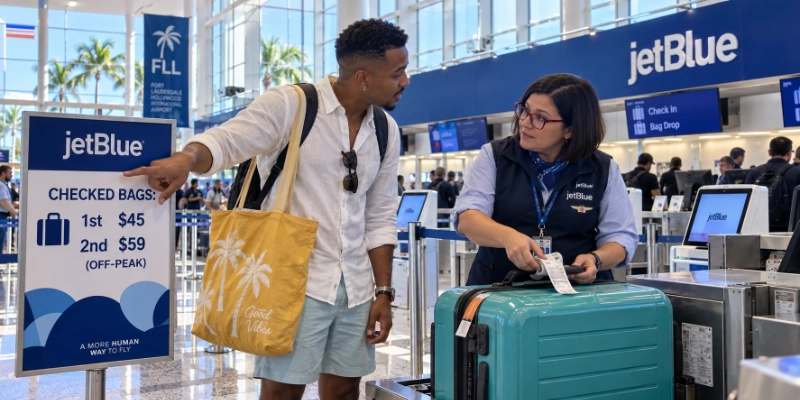 Haitian-American traveler pointing at a sign showing checked bags $45 and $59 off-peak while a JetBlue agent tags a turquoise suitcase at Fort Lauderdale airport