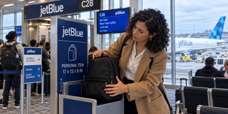 Woman holding a small black backpack against the personal item size sign at the JetBlue gate in Boston Logan Terminal C