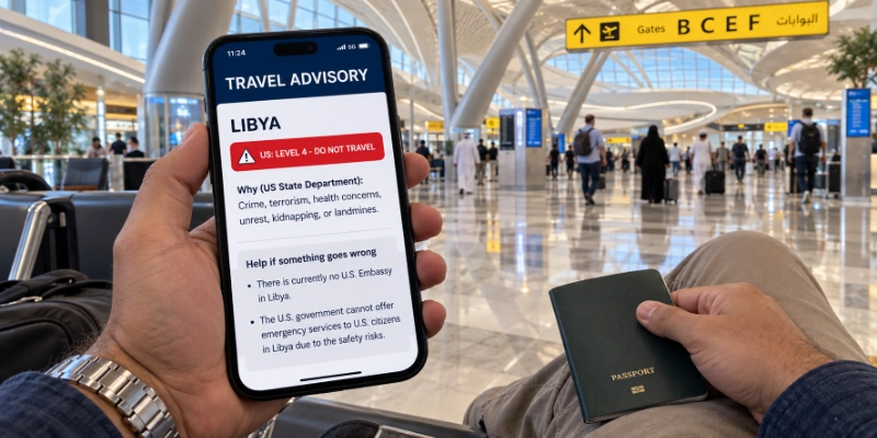 First-person view of a phone at Abu Dhabi airport showing Libya at US Level 4: Do not travel, with the reason and the line that there is no US embassy