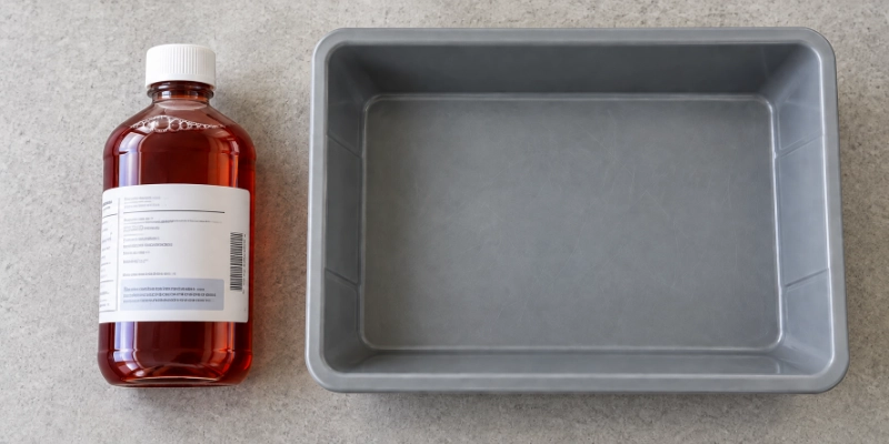 Large liquid medication bottle beside a security tray