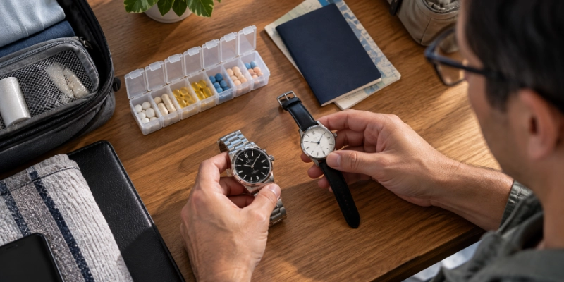 Pill organizer, watches set to different time zones, and a passport on a packing table