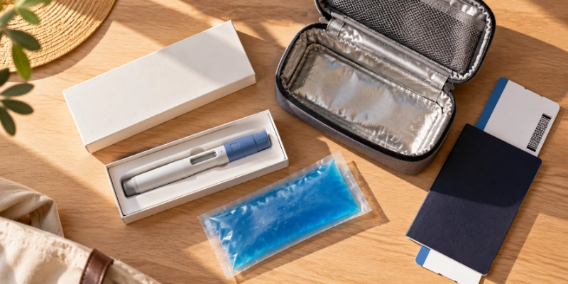 GLP-1 injection pen and insulated cooling pouch packed for travel