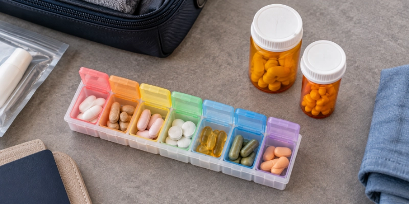 Weekly pill organizer beside original prescription bottles