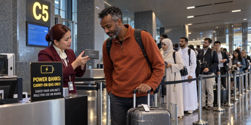 Gate agent at gate C5 of Hamad International Airport in Doha holding up a power bank label to a passenger beside a sign reading power banks carry-on bag only