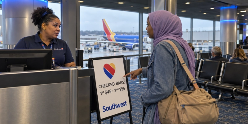 Southwest gate agent at a Baltimore/Washington gate pointing with a traveler to a sign showing checked bags $45 first and $55 second