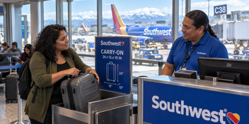 Woman fitting a large grey roller bag into the sizer frame at the Southwest gate in Denver beside a sign showing the 24 x 16 x 10 inch limit