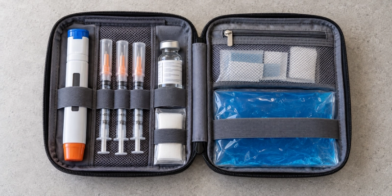 Auto-injector pen, syringes, and a gel ice pack in a travel medical kit