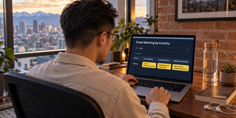 Over-the-shoulder view of a laptop showing the travel warning table filtered to Mexico after typing mex in the search box