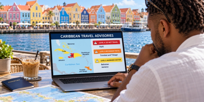 Traveler at a waterfront cafe table in Willemstad, Curaçao, studying a laptop screen with a Caribbean map shaded red, orange and yellow by travel advisory level and a list of warnings