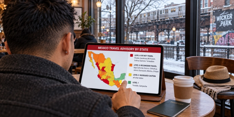 Over-the-shoulder view of a man in a winter coat at a cafe window in Chicago, a tablet showing a map of Mexico shaded by state advisory level beside a list of Level 4 and Level 3 states, a straw sun hat on the chair next to him