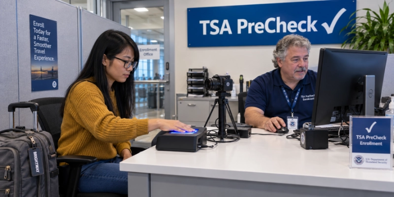 Woman placing four fingers on a fingerprint scanner at a TSA PreCheck enrollment appointment while a silver-haired enrollment agent watches the monitor