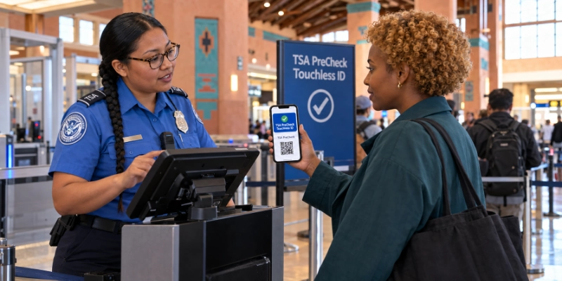Woman at a TSA checkpoint entrance holding up her phone with a mobile boarding pass that shows the blue Touchless ID pill while a TSA officer looks at it