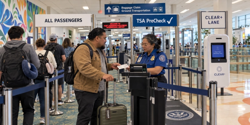 Man in a tan jacket handing his boarding pass to a TSA officer at the TSA PreCheck lane entrance of Fort Lauderdale Terminal 2, with a CLEAR+ lane and the standard queue beside it
