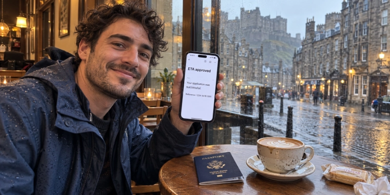 Smiling man in an Edinburgh cafe holding up a phone that shows an ETA approved email, with a U.S. passport on the table beside a flat white