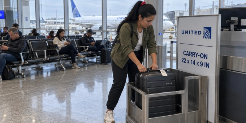 Woman sliding a charcoal roller bag into the United bag sizer frame marked 22 x 14 x 9 in at a Houston Terminal C gate while a United agent watches